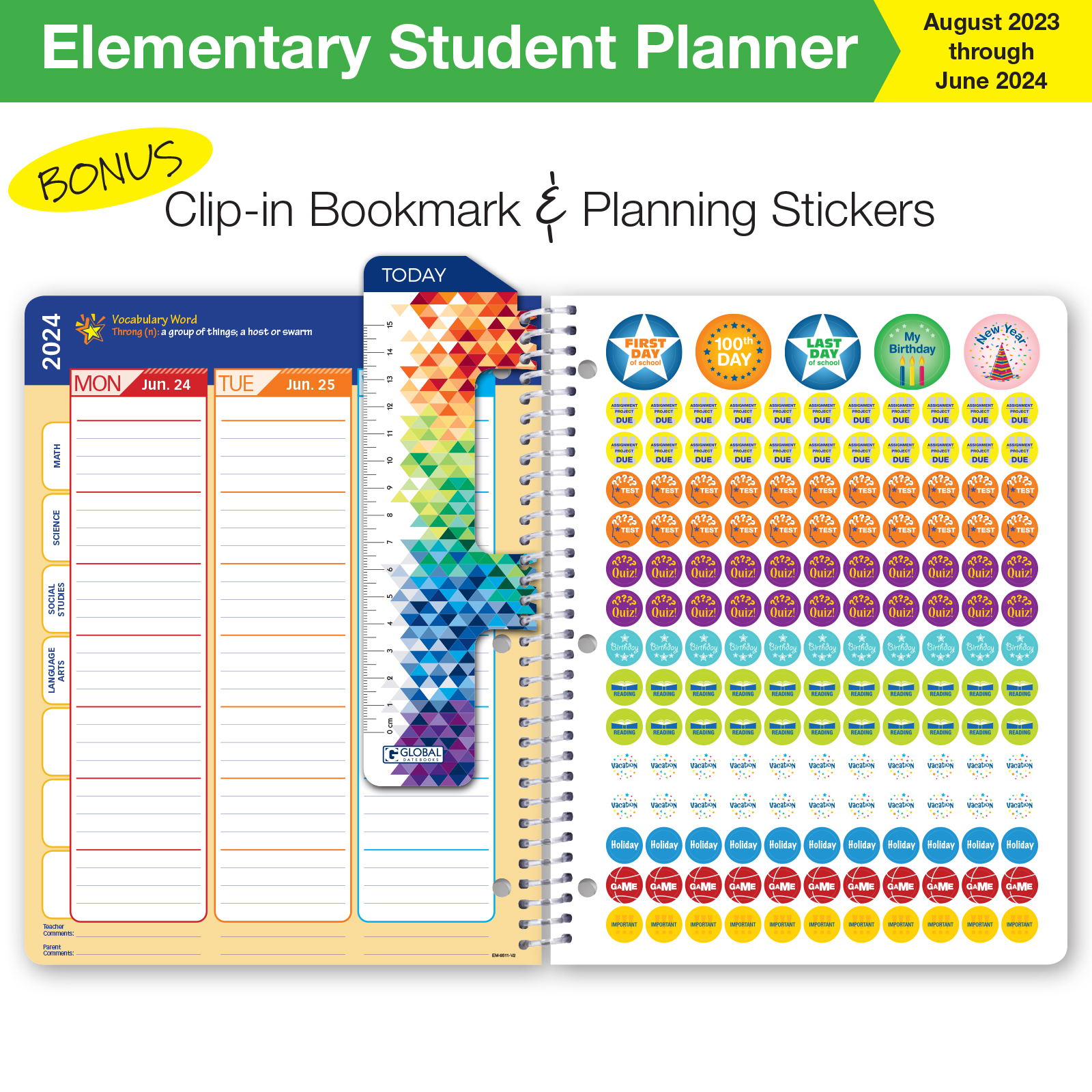 Global Datebooks Dated Elementary Student Planner for Academic Year 2023-2024 Includes Ruler/Bookmark and Planning Stickers (Matrix Style - 8.5"x11" - Chalkboard) - image 3 of 10