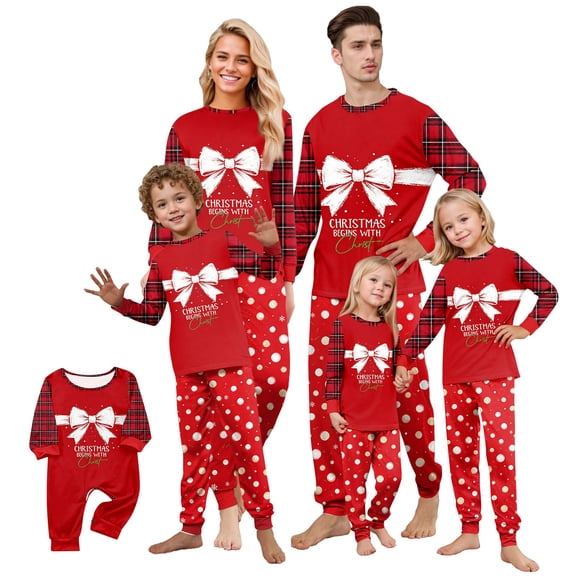 Onlypjs Matching Family Christmas Pajamas Set Christmas Begins With Christ Polka Dot Sleepwear Holiday Loungewear for Couples, Women and Men