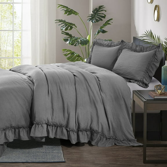 MallenHome 3-Piece Queen Ruffle Duvet Cover Gray - Easy Fit and Easy Care - 100% Cotton-Feel Washed Microfiber