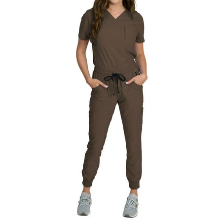 Medgear Fleur Women's Stretch Scrub Set with Zip Pocket Top and Jogger Pants, Espresso, XS