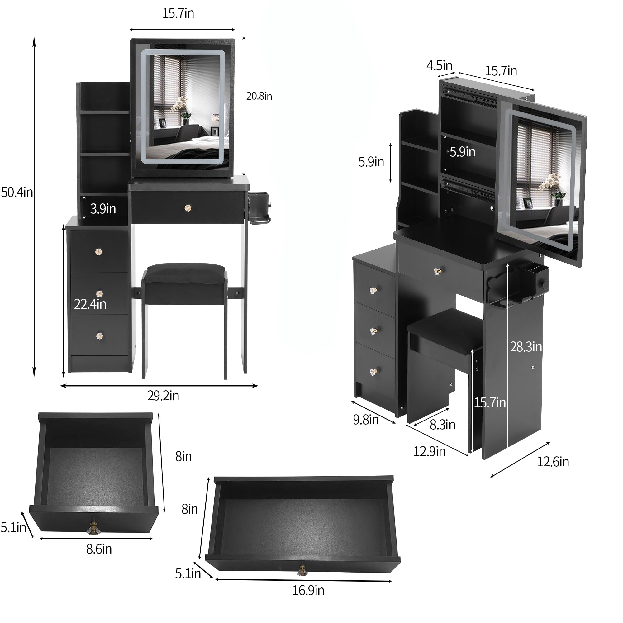 Bedside Cabinet Vanity Table + Cushioned Stool Extra Large Touch Control Sliding LED Mirror with Hair dryer bracket