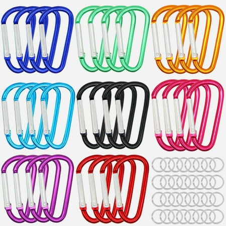 H&W 1.8'' 32pcs Small Aluminum Carabiner D Ring 8 Colors, Durable Spring-Loaded Gate Carabiners Clips Hook, Sport Accessories, with Gift Steel Rings 32pcs, for para-Cord Crafts