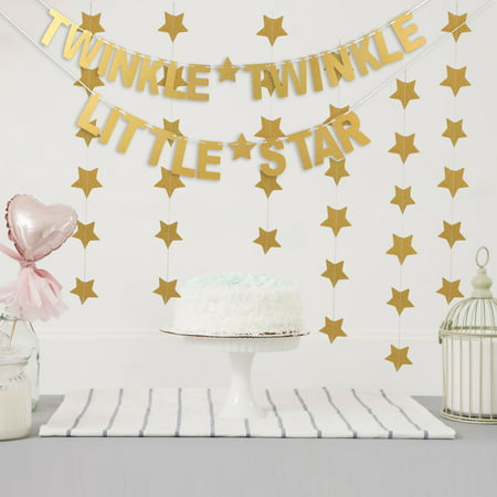Outgeek Letter Banner Paper Twinkle Twinkle Little Star Party Banner Glitter Banner with 3 Star Banners Party Supplies for Baby Shower Birthday Wedding Party Decor