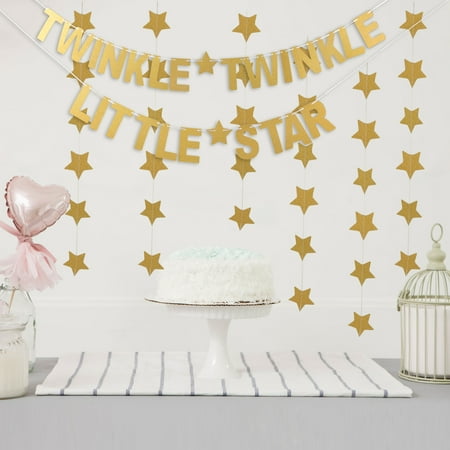 Outgeek Letter Banner Paper Twinkle Twinkle Little Star Party Banner Glitter Banner with 3 Star Banners Party Supplies for Baby Shower Birthday Wedding Party