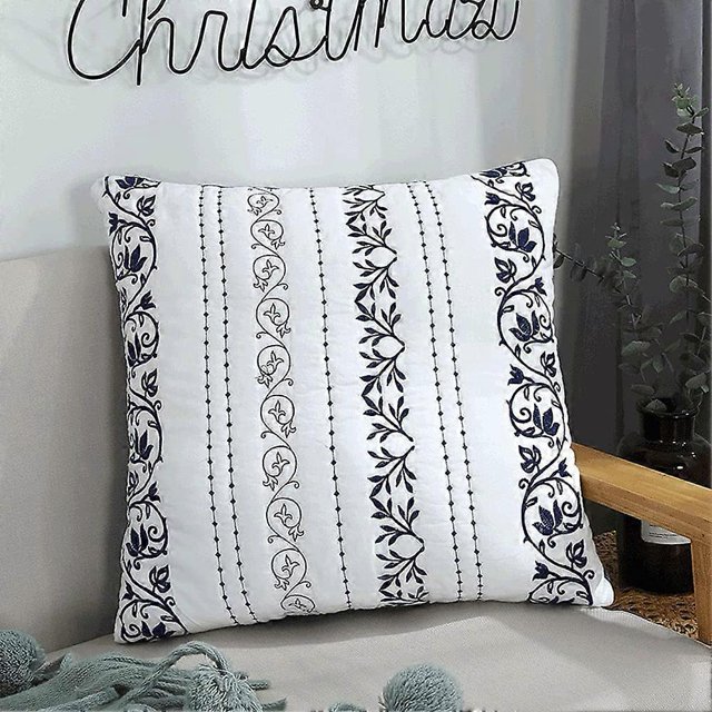 Funda de cojín acolchada de algodón con bordado bohemio y estampado floral, súper suave y cómoda, para cama o sofá (azul, 45,7 x 45,7 cm)