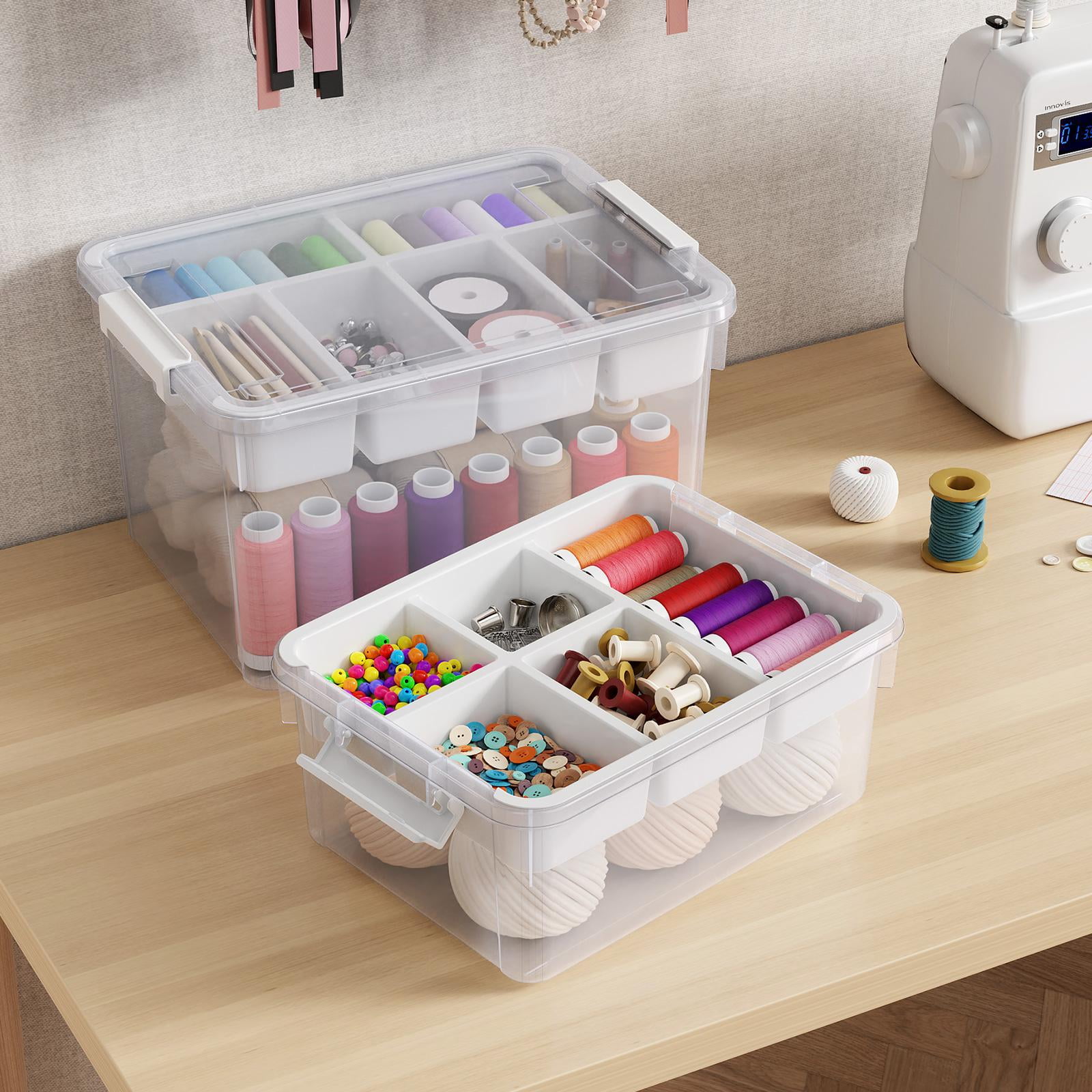 Hometuk 40Qt Stackable Storage Bins with Lids & Trays, Clear Plastic Latching Boxes Organizers with Dividers Portable 10Gal Containers for Arts & Crafts, Home and Car Trunk Organization, 2Pack