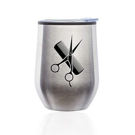 

Stemless Wine Tumbler Coffee Travel Mug Glass with Lid Hair Cutting Dresser Scissors Comb (Silver)
