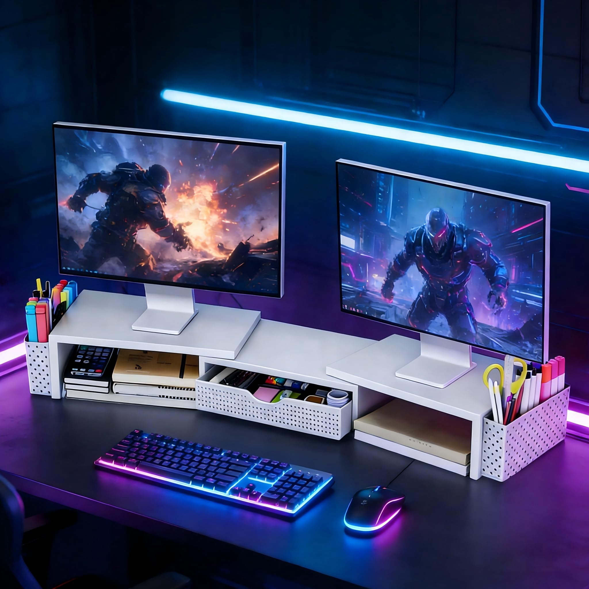 Metal Desk Organizers And Accessories  Dual Monitor Stand Riser With Drawer 2 Pen Holders & Workspace Desktop For Office Supplies (white)