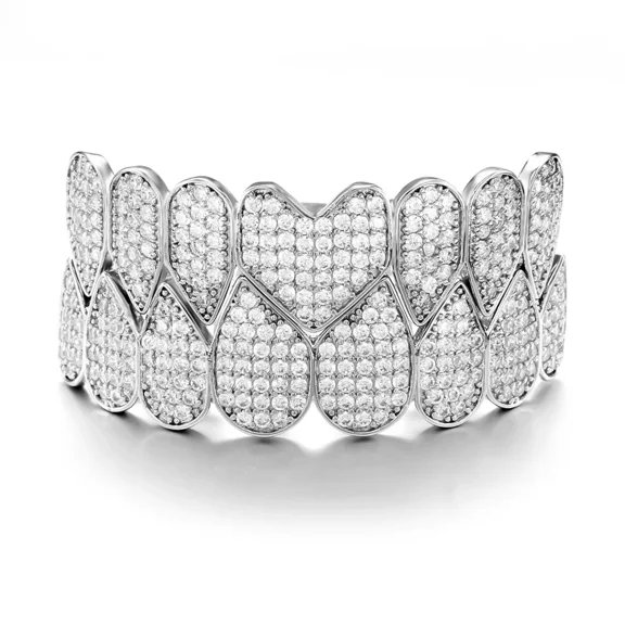 FEEL STYLE Adult Heart Shape Bling Cubic Zircon Teeth Grillz Set for Unisex Silver-Plated Top Bottom Mouth Removable Dental Jewelry