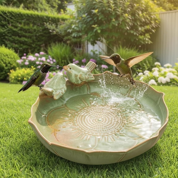 ACDANC Ceramic Bird Bath Bowl for Outside on Ground,Heavy Duty Green Birdbath for Garden Lawn Table Deck Balcony,Durable Outdoor Bird Baths for Birds Drinking and Bathing,Bowl Only