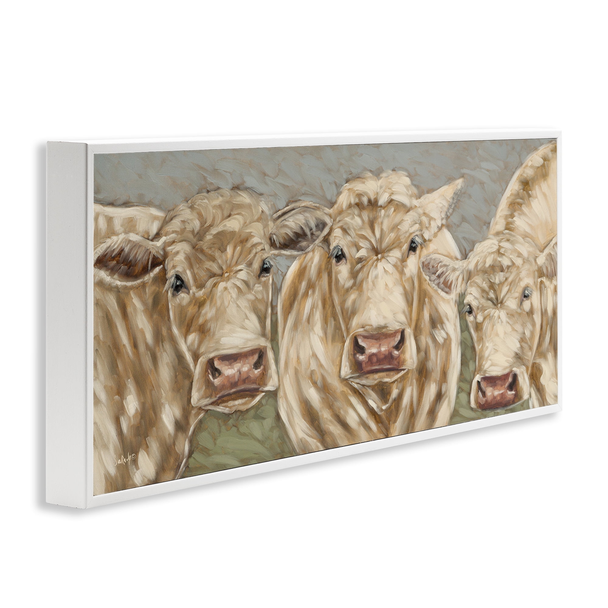 Stupell Industries Beige Cow Trio Animals & Insects Painting White Framed Art Print Wall Art, 24 x 10