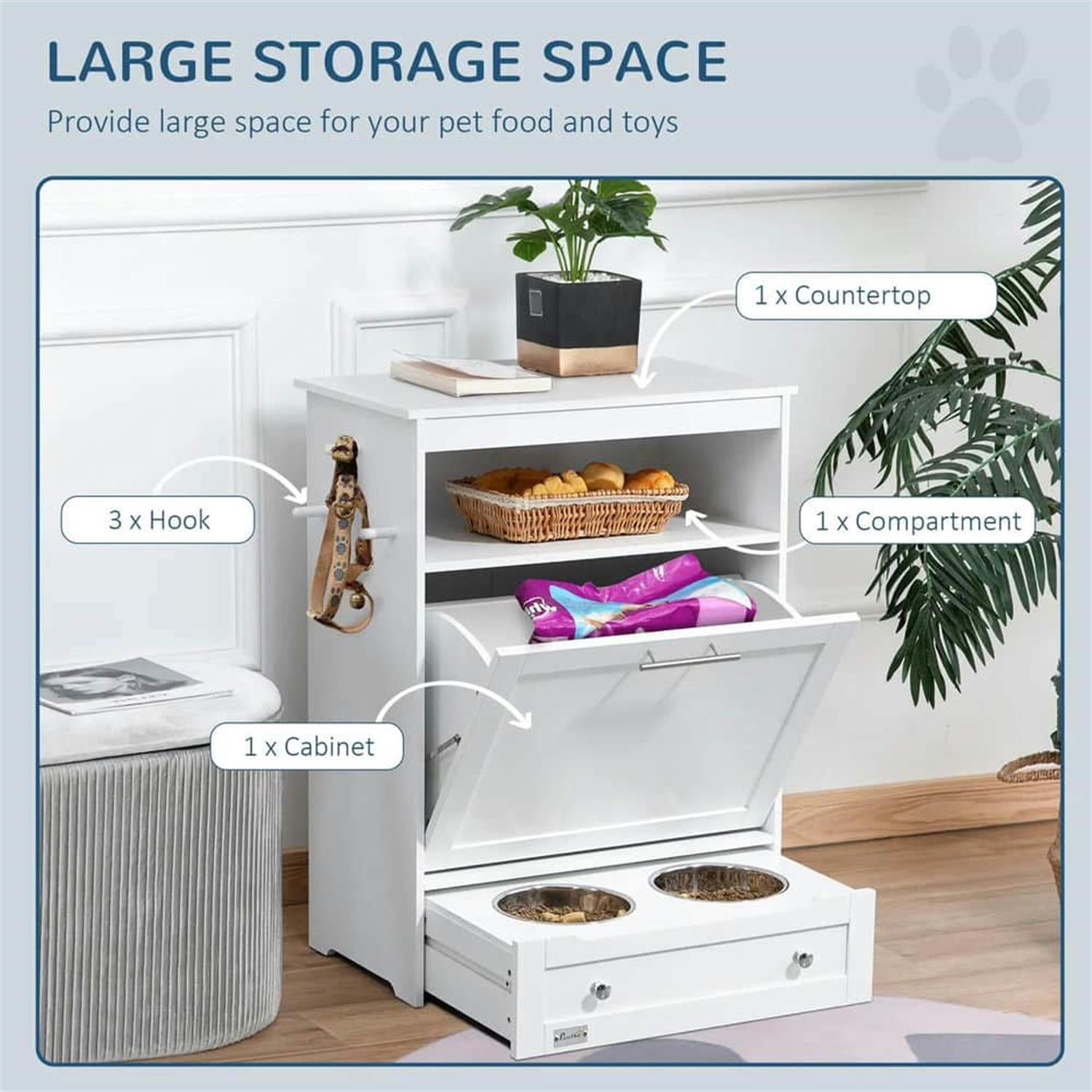 Kadyn Pet Feeder Station Cabinet for Indoor Dogs, Large Dog Food Storage Container with Elevated Bowls, Watering Station, White