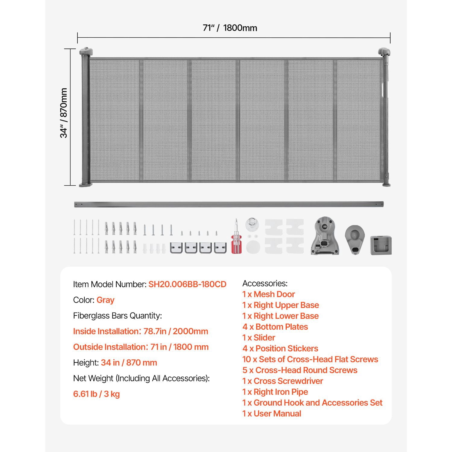Retractable Baby Gate 34" Tall x 71" Wide, Gray Mesh, Anti-Crawl Bottom Strip, One-Hand Operation, for Indoor Stairs Doorways
