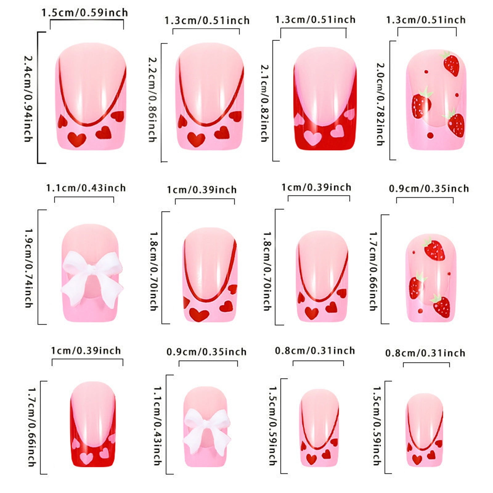 HHBEAUTY White French Tip Press on Nails Square Short Fake Nails With 3D Pink Bow Designs Strawberry False Nails Pink Full Cover Stick on Nails Acrylic Artificial Nails for Women Girls