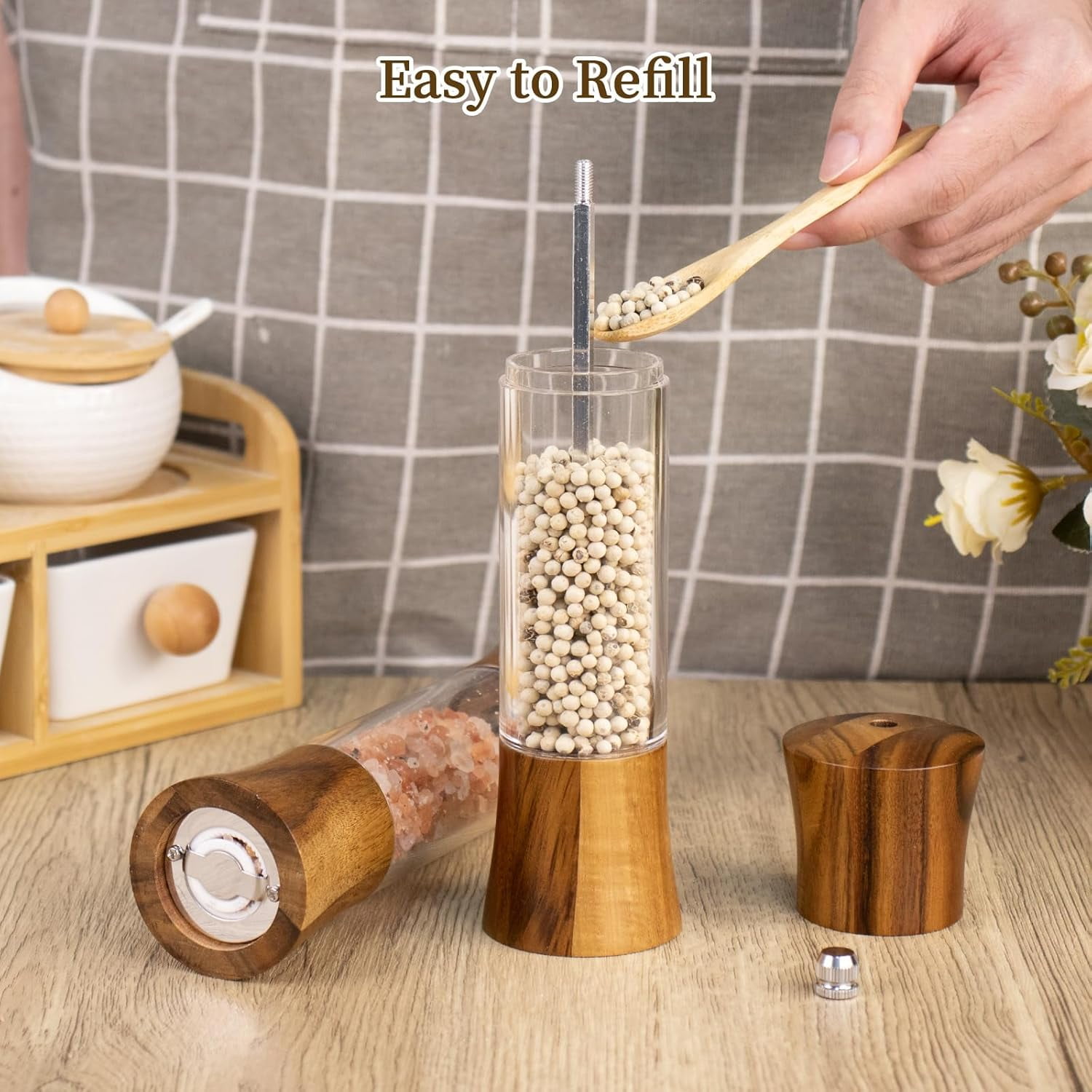 Acacia Wood Premium Acrylic Salt Grinder and Pepper Grinder Set 8 Inches Salt and Pepper Mill Set, Manual Salt and Pepper Mills- Wooden Shakers with Adjustable Ceramic Core 2 Pack