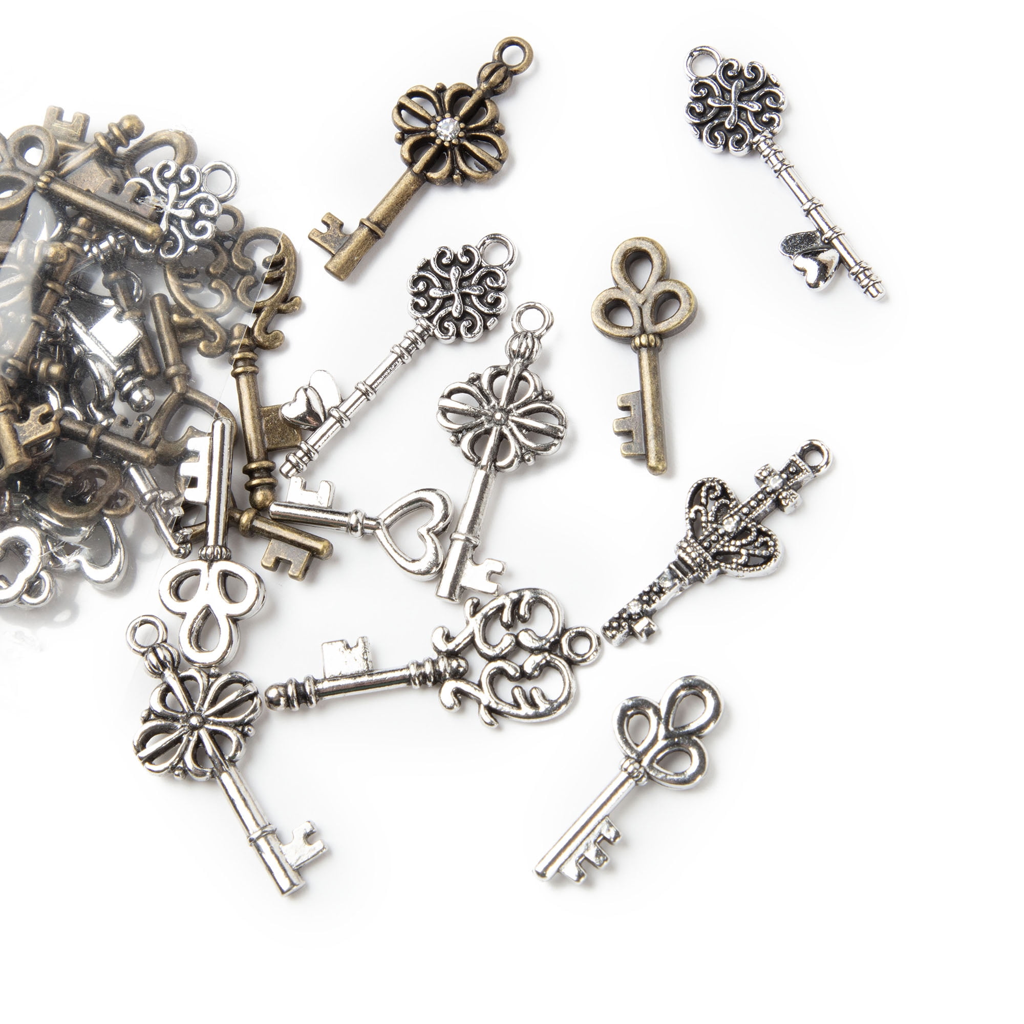 Cousin DIY Antique Keys Bulk Charm Assortment, 50 Piece, Silver/Gold Metal, Adult, Unisex