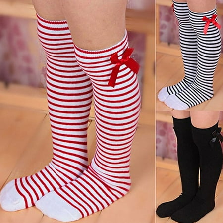 

Kaesi Kids Girls Solid Color Striped Bow Stockings Elastic Over the Knee Long Socks