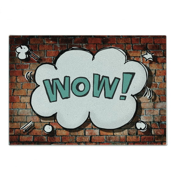 Brick Wall Cutting Board, Red Cracked Brick Wall British Backdrop Uk English Pop Art Cloud 90s Grunge, Decorative Tempered Glass Cutting and Serving Board, Small Size, Multicolor, by Ambesonne