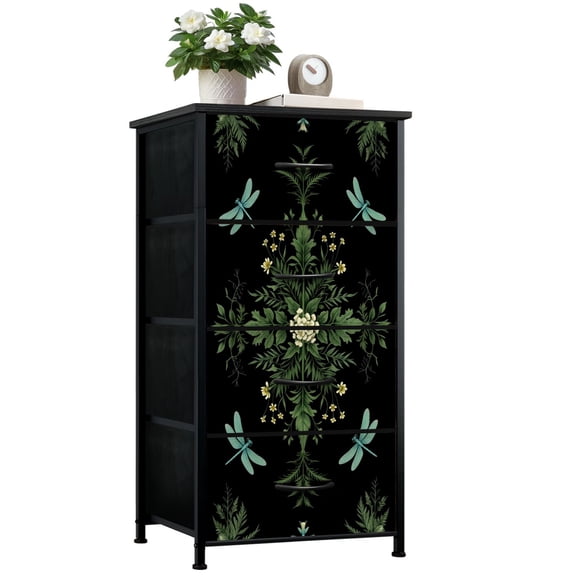 Gothic Dresser for Bedroom with 4 Storage Drawers Floral Dragonfly Botanical Greenery Black Dressers Chest of Drawers Steel Framed Fabric Closet Organizers for Dorm Entryway Living Room