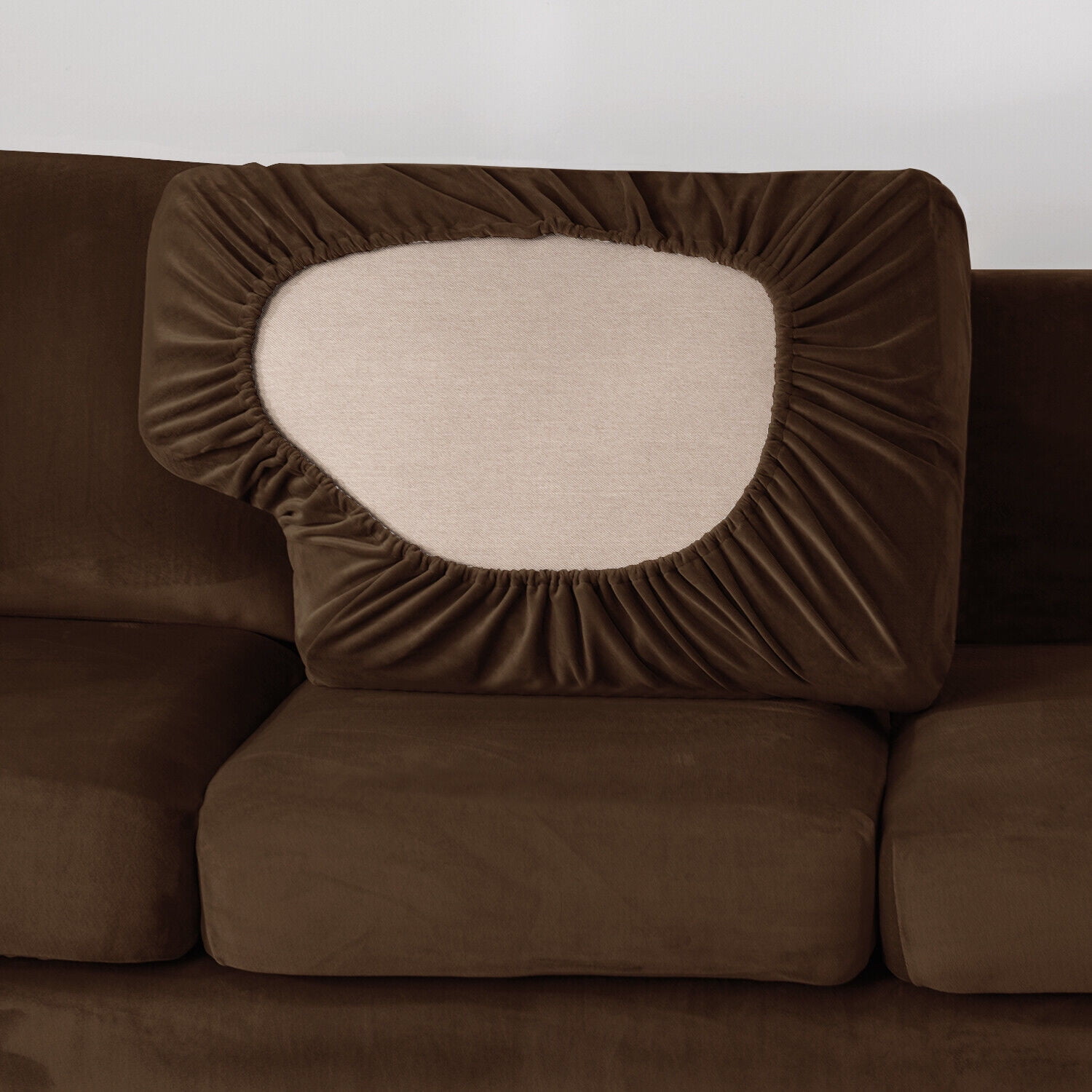 TOPCHANCES 7-Pieces Sofa Covers, Velvet Stretch Couch Slipcovers for 3 Cushion Sofa, Anti-Slip Furniture Slipcover with Separate Cushion Covers and Backrest Covers (Coffee)
