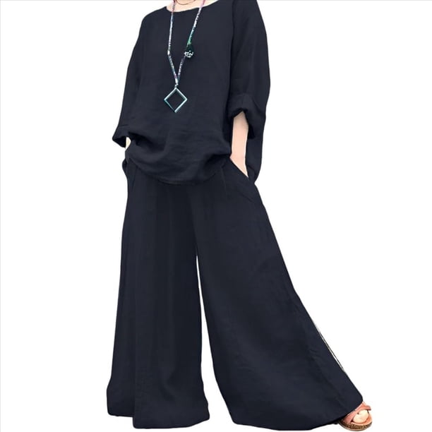 Conjunto de 2 Piezas de y Algodón para Mujer, Camisa de Larga Extragrande, Pantalones Holgados con Cintura Elástica y 2 Bolsillos. Azul Oscuro M