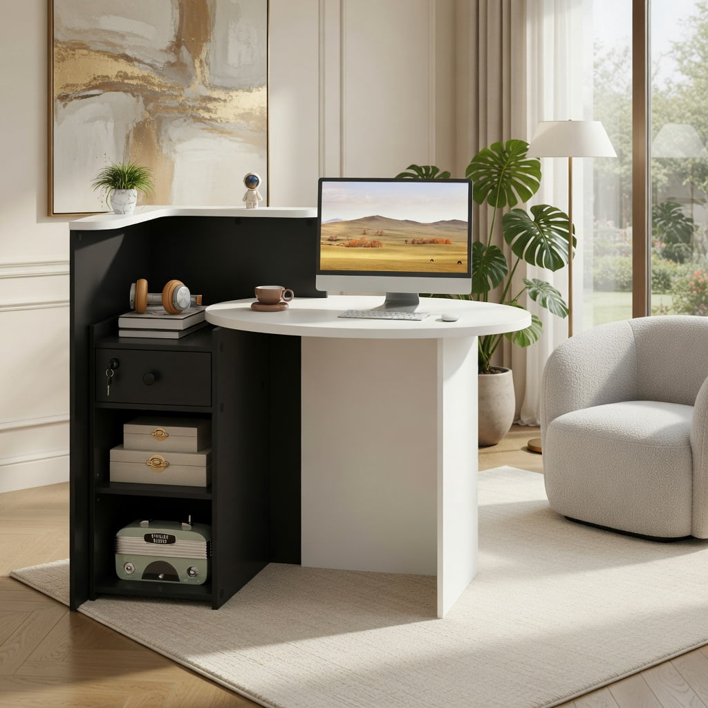 Demi Bonn Front Reception Office Desk with Open Shelf and Lockable Drawer, Small Home Computer Desk Study Writing Table, White + Black
