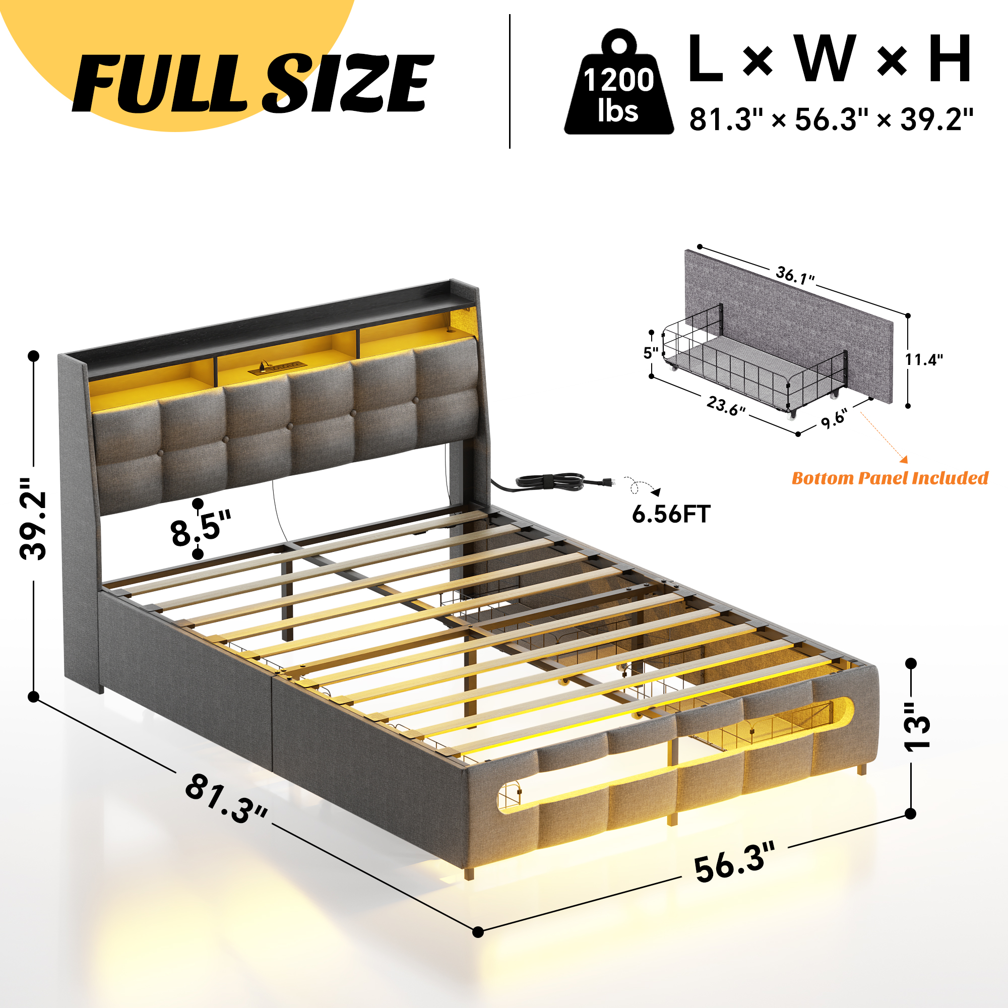 Homieasy Full Size Bed Frame with Drawers Charging Station LED Light, Upholstered Twin Bed Frame with Storage Headboard, Heavy Duty Wood Slats, No Box Spring Needed, Noise Free,Gray