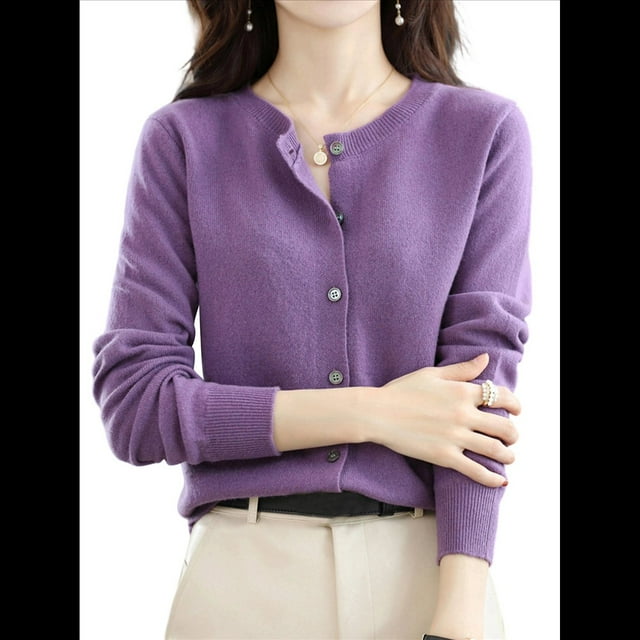 Suéter de Larga con Cuello Redondo de Color Liso para Mujer, Chaqueta de Punto Combinable para y Otoño Púrpura XXL