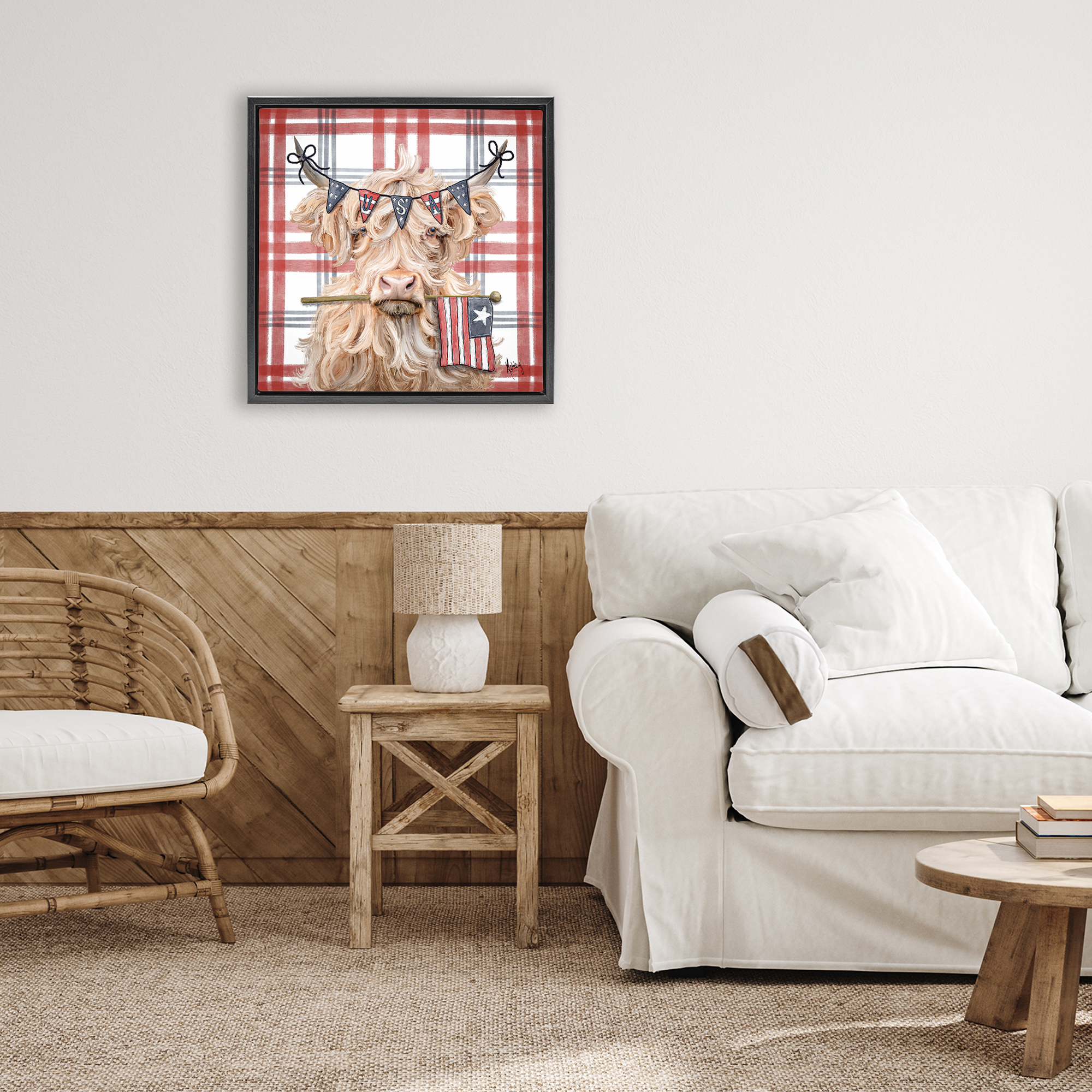 USA Plaid Highland Cattle Black Framed Floater Canvas Wall Art, design by Ashley Bradley