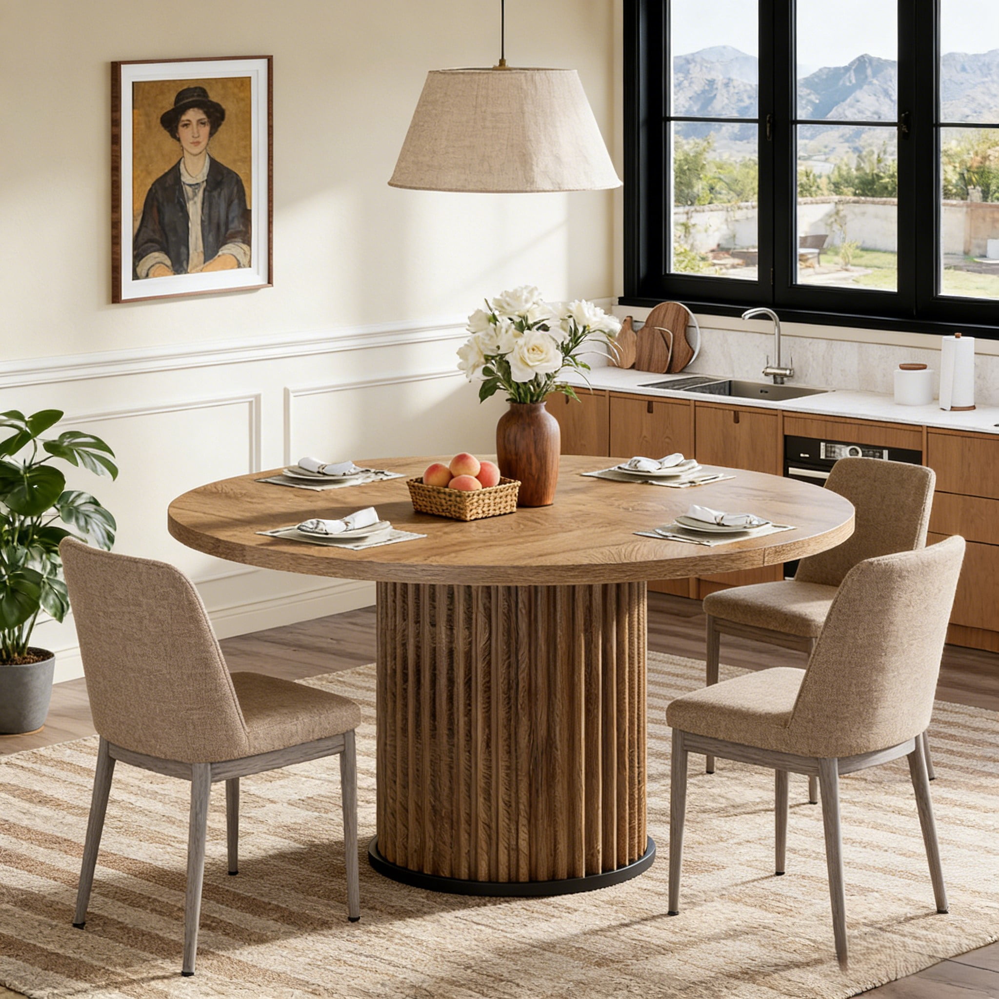 Fnova 47.24" Round Dining Table, Wood Coffee Table for 4 People, Modern Farmhouse Kitchen Table for Dining Room (Chairs Not Included)