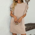 thumbnail image 4 of Busydd Womens Dresses Solid Color Short Sleeve Spring Dresses Round Neck Ruffle Summer Dress Casual Ribbed Sun Dress, 4 of 6