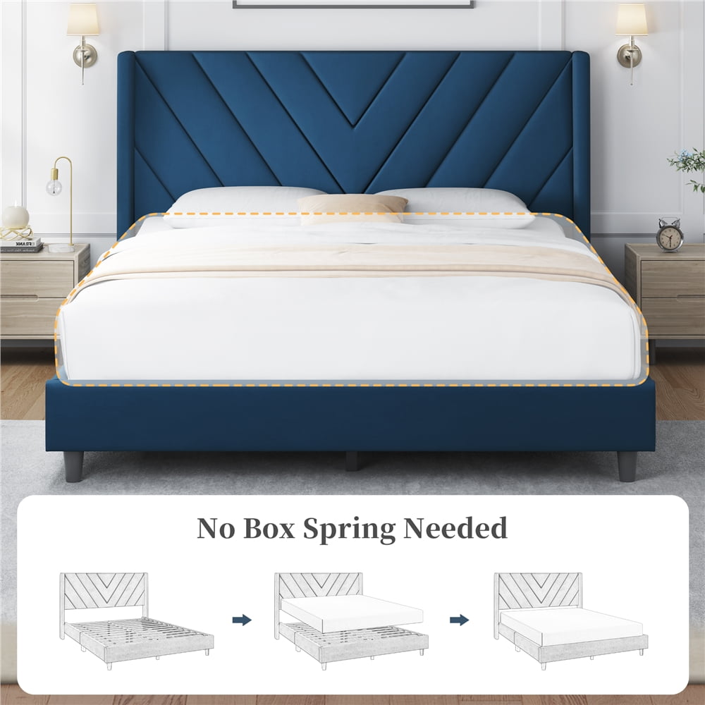 Yaheetech Upholstered Platform Bed with Tufted Headboard and Wing Side, Queen, Blue