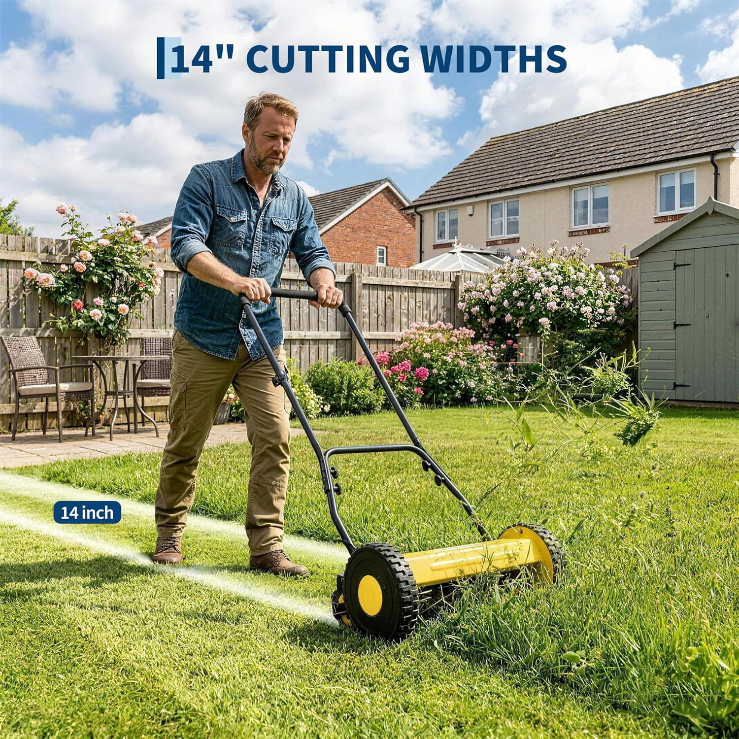 14in Push Reel Lawn Mower 5-Blade Manual Walk-Behind Mower Adjustable Cutting Height Compact Quiet for Small Yards and Easy Lawn Care