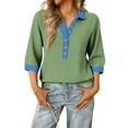 thumbnail image 2 of Polo Shirts for Women Button Deep V Neck 3/4 Length Sleeve Summer Tops Patchwork Casual Comfy Loose Fit Cute T Shirts, 2 of 5