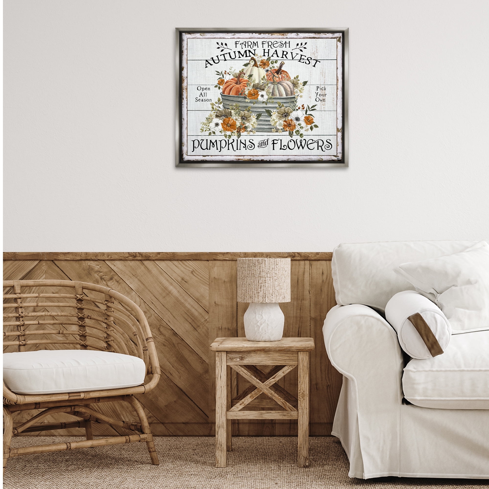 Stupell Industries Farm Fresh Harvest Pumpkin Holiday Painting Gray Floater Framed Canvas Art Prints Wall Art, 31 x 25