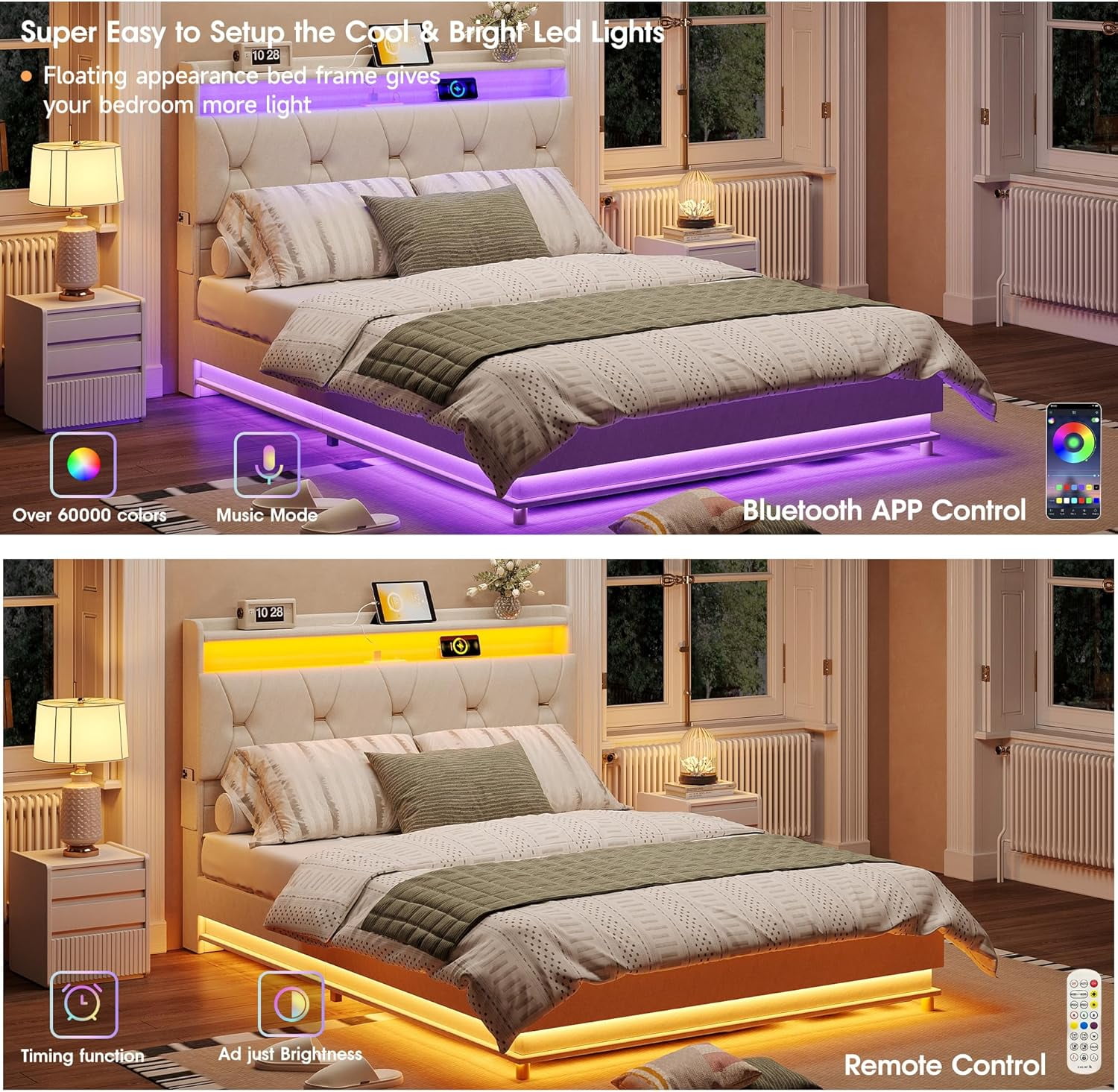 VEANERWOOD Full Size Lift Up Bed Frame with Storage Headboard, Upholstered Platform Bed with Charging Station, LED Lights, No Box Spring Needed