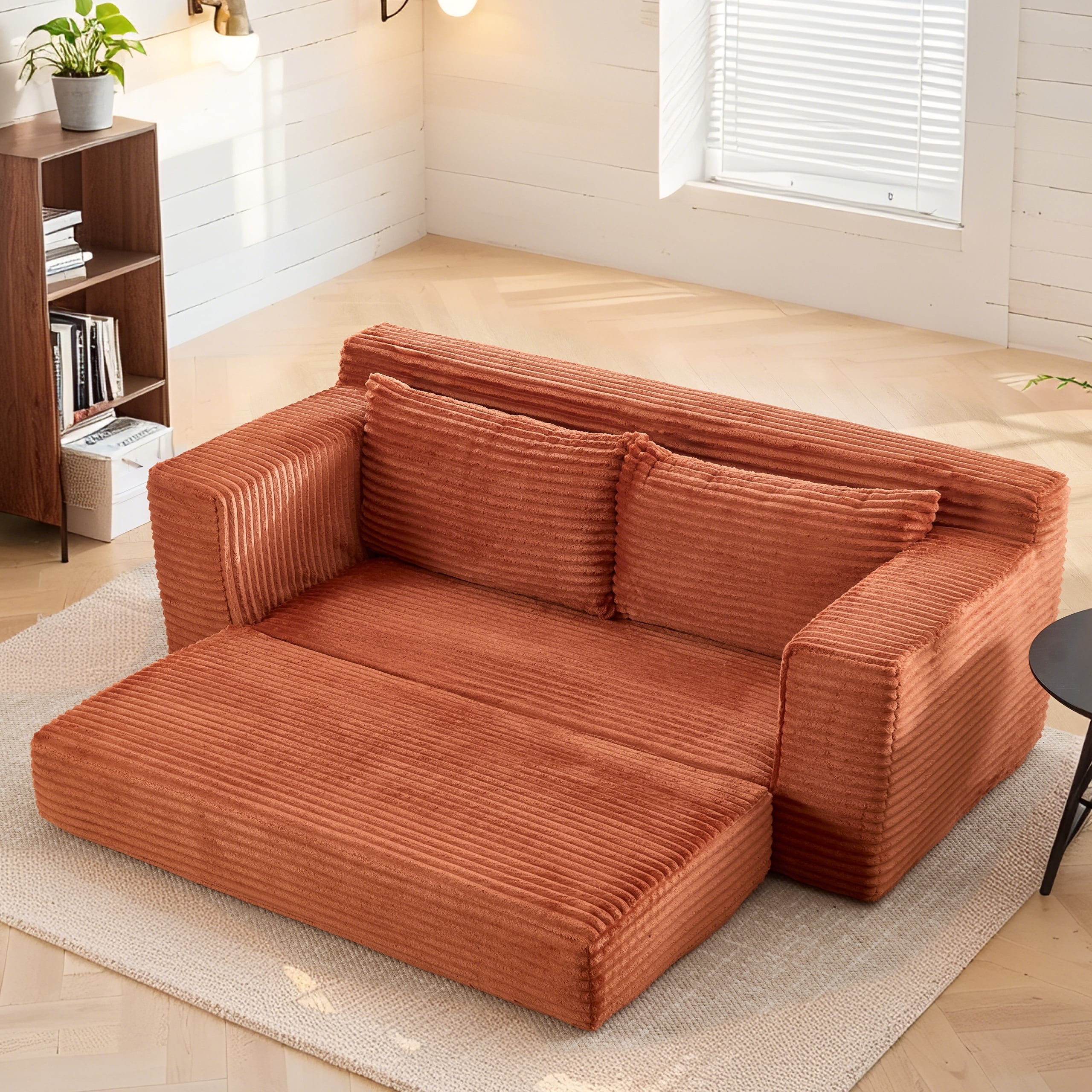 Tmsan 70" Corduroy Convertible Loveseat Sofa, 2 in 1 Cloud Sleeper Sofas with Fixed-Shape Frame, Comfy Folding Boneless Love Seat Couches for Living Room, Apartment, Bedroom, Office,Orange