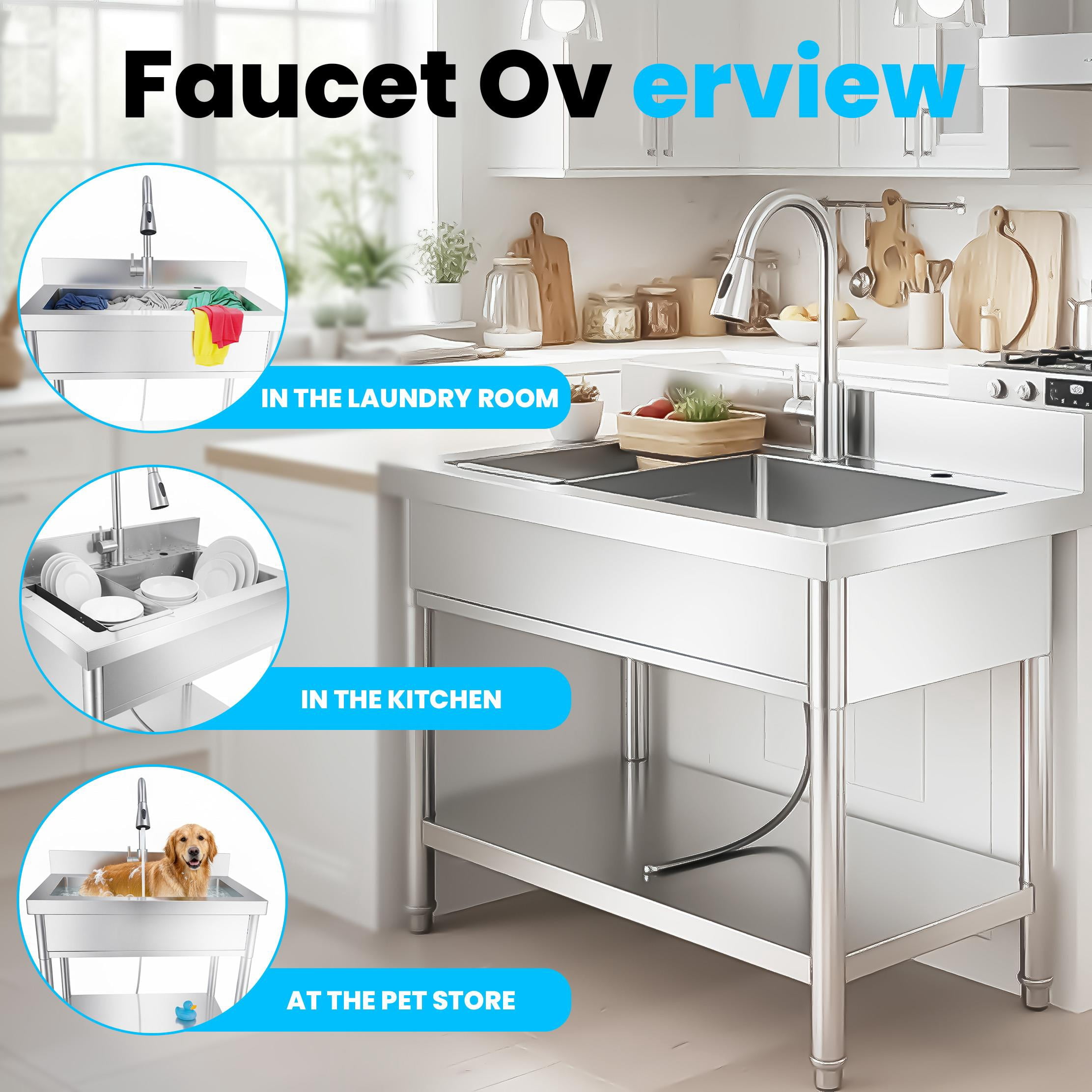 Stainless Steel Outdoor Freestanding Kitchen Sink with Cold and Hot Water Pipe and pull-out Faucet, Commercial Utility Sink, Free Standing Sink for Garden