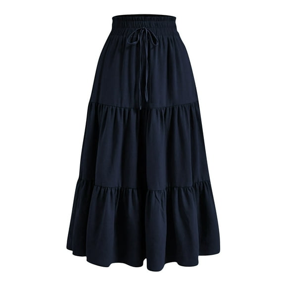 Women’s Floral Print Elastic Waist Tiered Maxi Skirt Lightweight Casual Loose Fit Long Skirt for Everyday Wear Navy M
