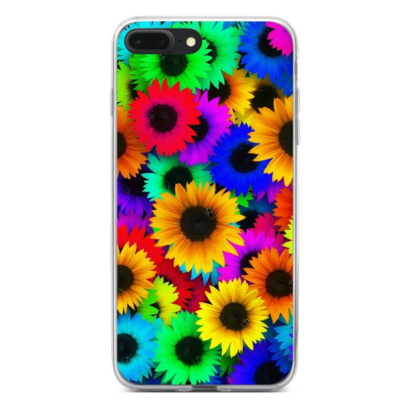 DistinctInk Clear Shockproof Hybrid Case for iPhone 7 PLUS / 8 PLUS (5.5" Screen) - TPU Bumper, Acrylic Back, Tempered Glass Screen Protector - Red Green Yellow Sunflowers