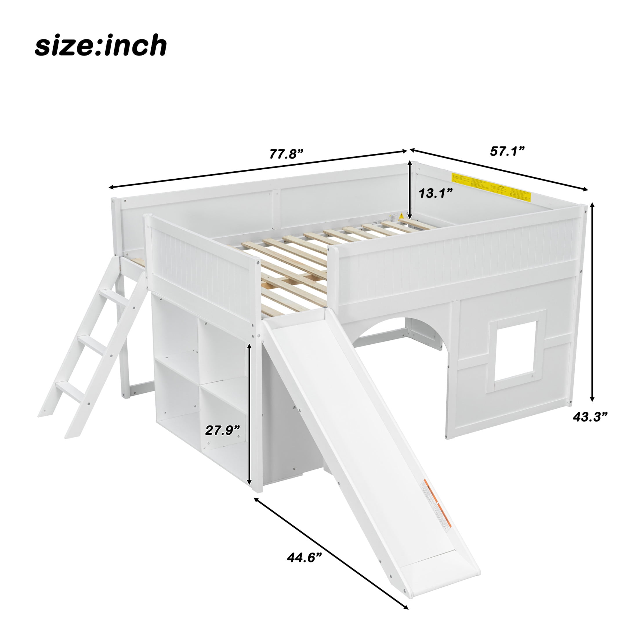Noble House Seaman Full Size Low Loft Bed with Slide and Storage Shelves, Pine Wooden Playhouse Bed, White