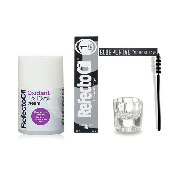 Refectocil KIT - PURE BLACK Cream Brow Dye + Creme Oxidant 3% 3.4oz + Mixing Dish + Mascara Brush