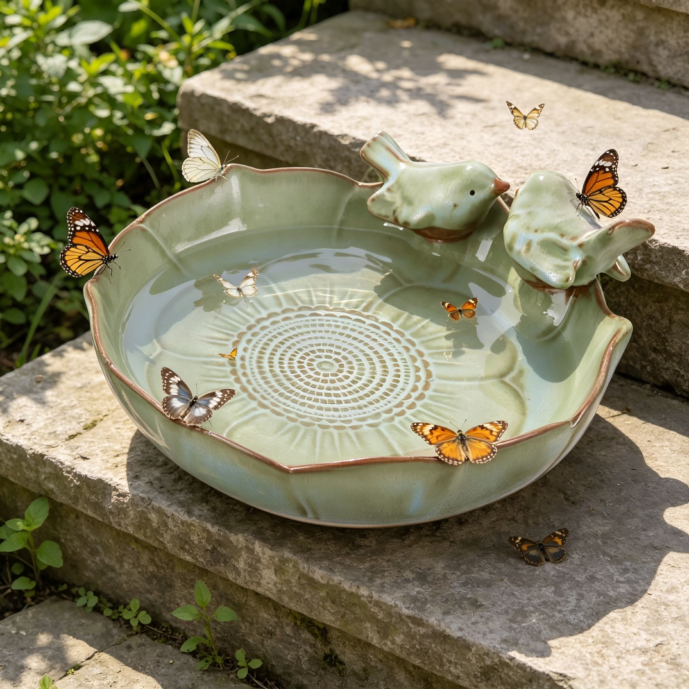 ACDANC Ceramic Bird Bath Bowl with Perched Birds-Outdoor Tabletop Birdbath Basin in Weather-Resistant Glaze-Usable on Ground,Deck Or Tabletop