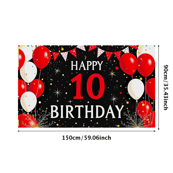 Black Background 10th Birthday Banner with Red White Balloons and Polka Dot Bunting Happy Birthday Party Supplies Photography Props Decors for Birthday Party Celebration Event Decorations