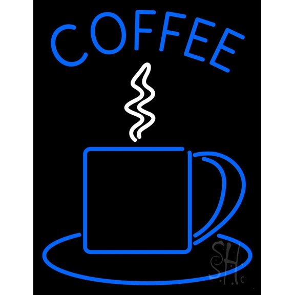 Blue Coffee Cup LED Neon Sign 15 x 19 - inches, Black Square Cut Acrylic Backing, with Dimmer - Bright and Premium built indoor LED Neon Sign for café and stroefront.