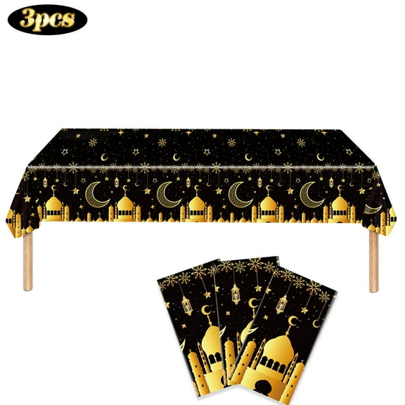 3PCS Ramadan Mubarak Tablecloths Eid Mubarak Party Supplies Plastic Disposable Tablecloths for Eid Mubarak Decorations Table Cover Ramadan Kareem Black and Gold for Eid Al-fitr Party Favors ,51x 86In