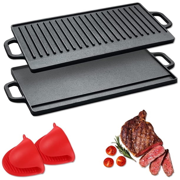 Plancha Hierro Fundido Reversible, Sartén para parrilla 2 en 1 de doble cara, Plancha de Hierro Fundido, Fácil de limpiar, antiadherente, Adecuado para Estufas de gas y barbacoas