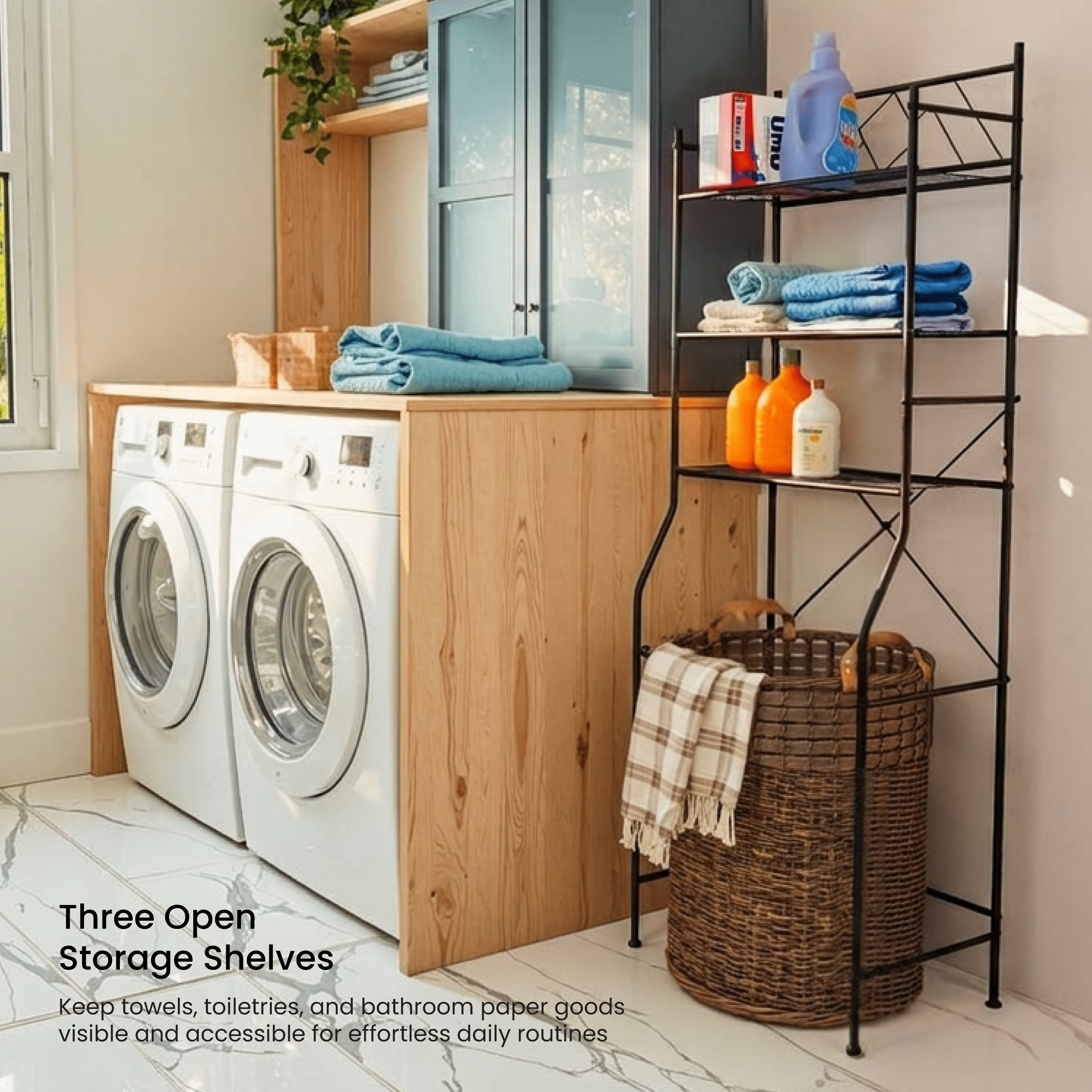Home Zone Living 3-Tier Over the Toilet Bathroom Storage Organizer with Wide Stabilizing Base, Matte Black
