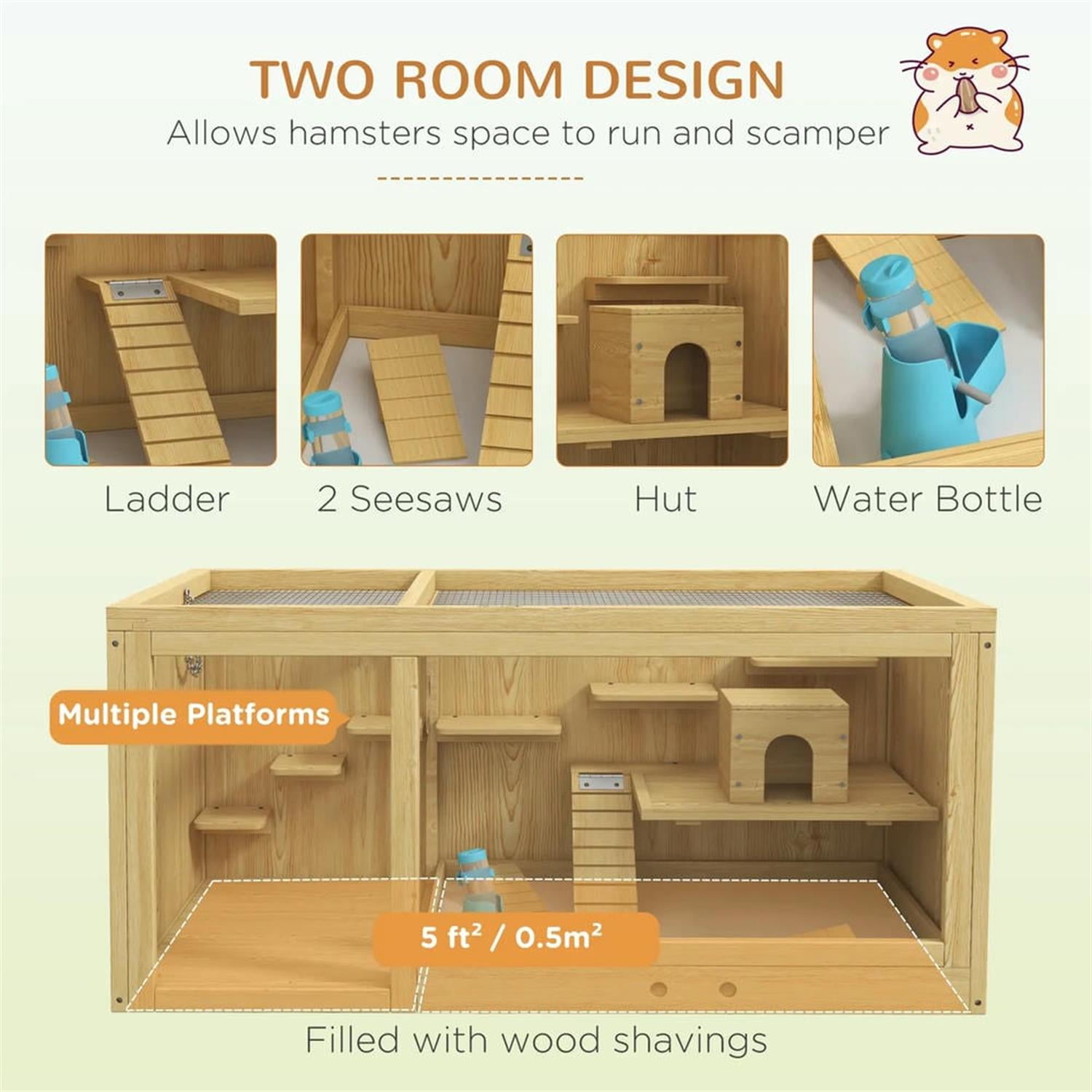 Kadyn 39" Wooden Hamster Cage with Pull-out Tray, Seesaws, Ladder, Large Small Animal Habitats for Guinea Pig Cages, Beige