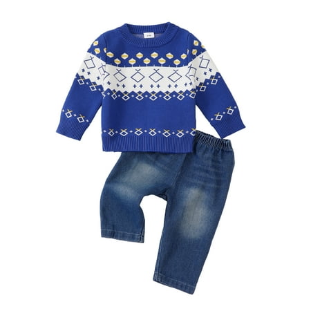 

KIMI BEAR Infant Baby Boys Pant Sets 12-18 Months Long Sleeves Sweater Color Block Sweatshirt Top Denim Pants Jeans 2pcs Fall Winter Outfits Blue